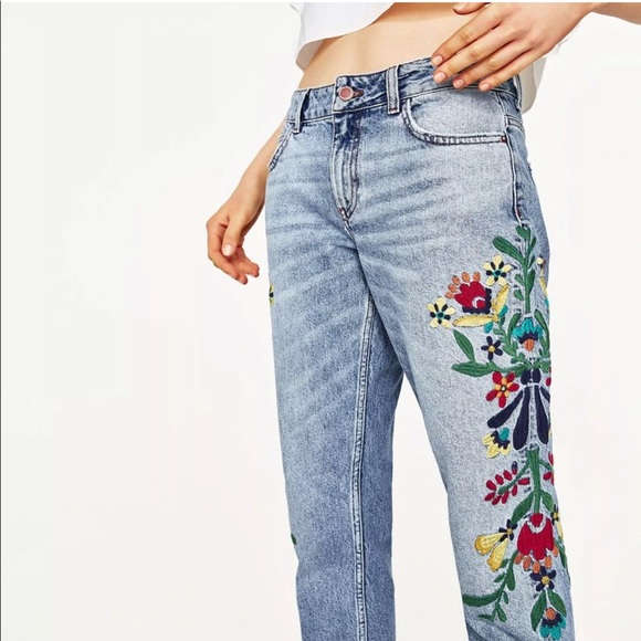 Zara 975 Denim Mexican Floral Jeans Euc 